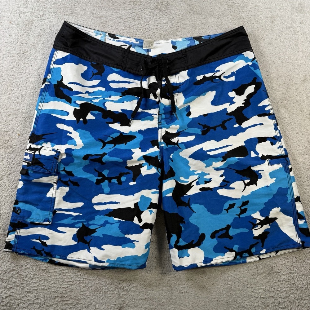 Pelagic Shorts Mens 36 Blue White Camo Board Trunks Swim Fish Fishing Outdoor